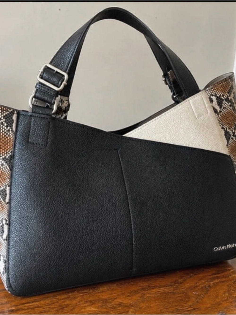 Calvin Klein Black, Cream & Snake-Print Shoulder Bag